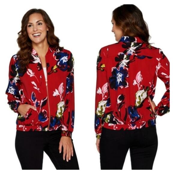 Susan Graver Jackets & Blazers - Susan Graver Red Floral Print Lightweight Zipper Front Bomber Jacket